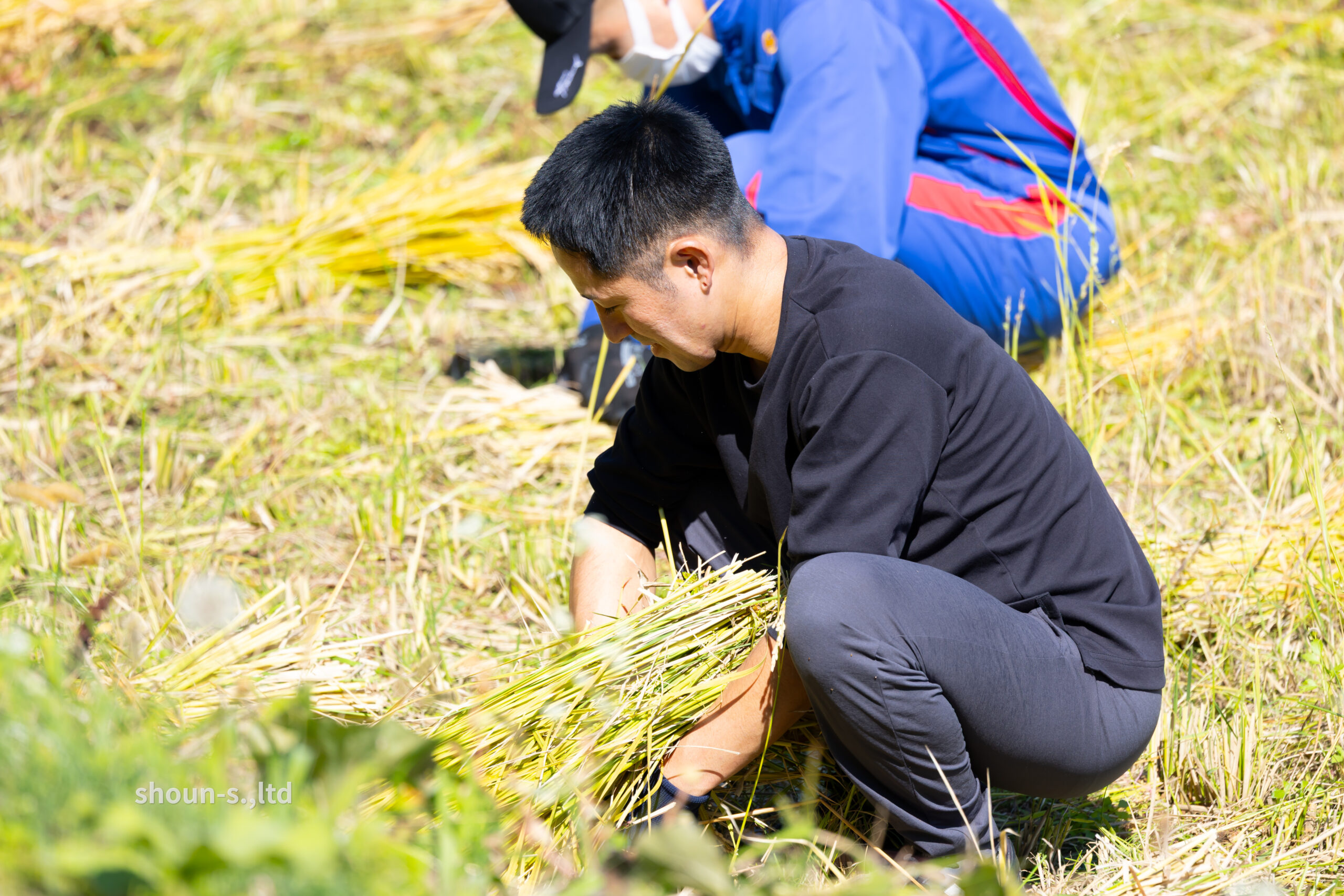 商運サービスの社員と家族が力を合わせて苗を植える姿
